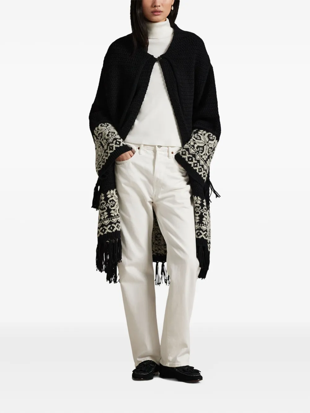 Polo Ralph Lauren Fairisle-pattern Fringed Cardigan In Black