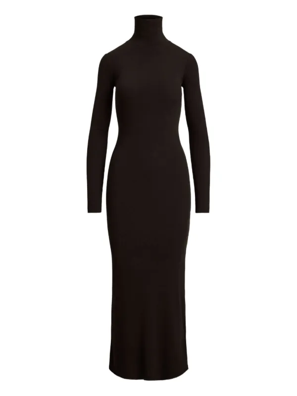 Polo Ralph Lauren Turtleneck Ribbed Midi Dress Brown