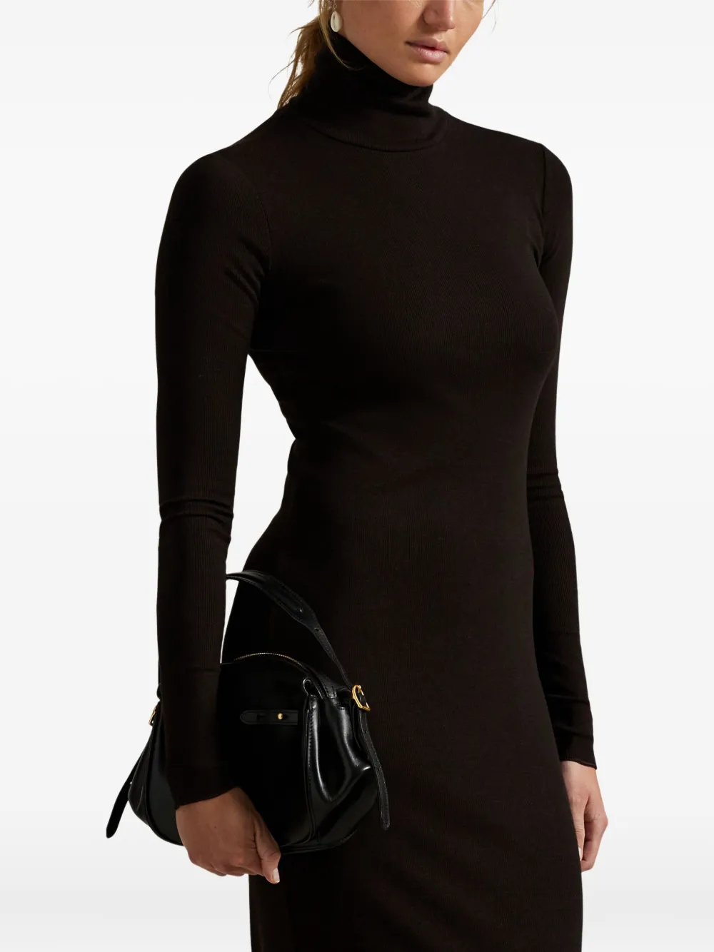 Polo Ralph Lauren Turtleneck Ribbed Midi Dress In Brown