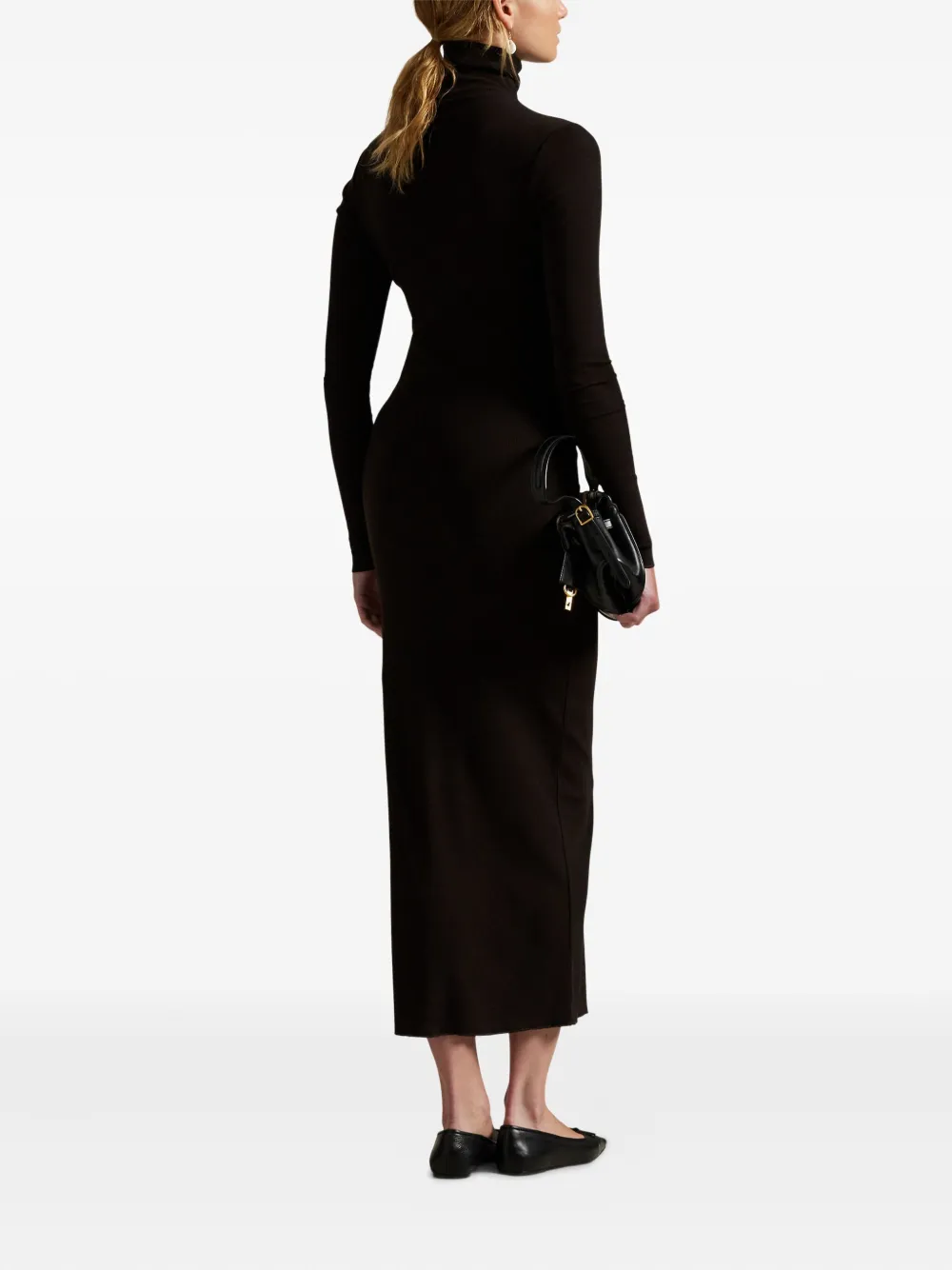 Polo Ralph Lauren Turtleneck Ribbed Midi Dress In Brown
