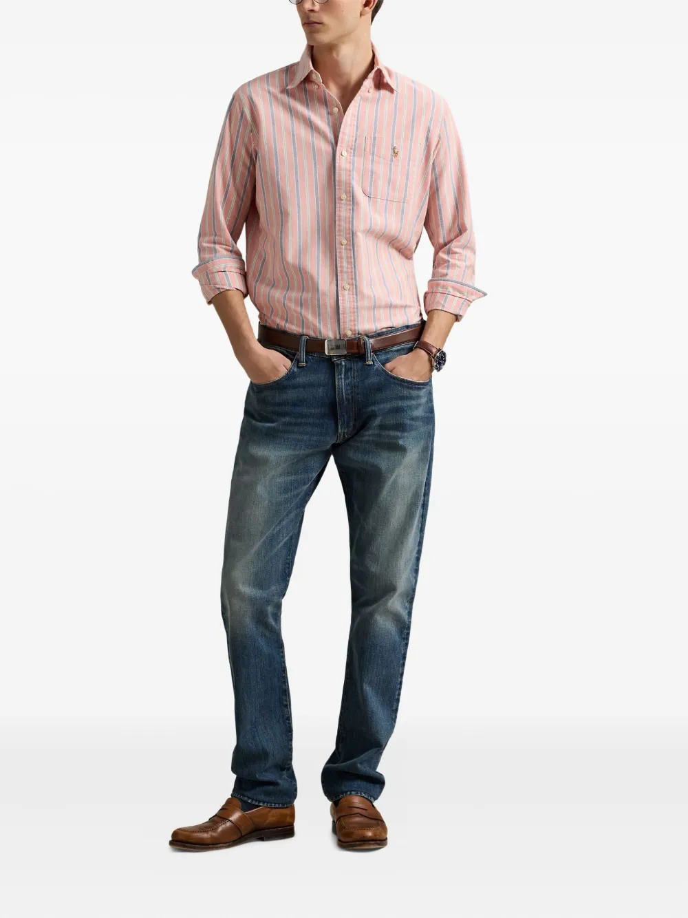 Polo Ralph Lauren Striped Embroidered-logo Shirt In Pink