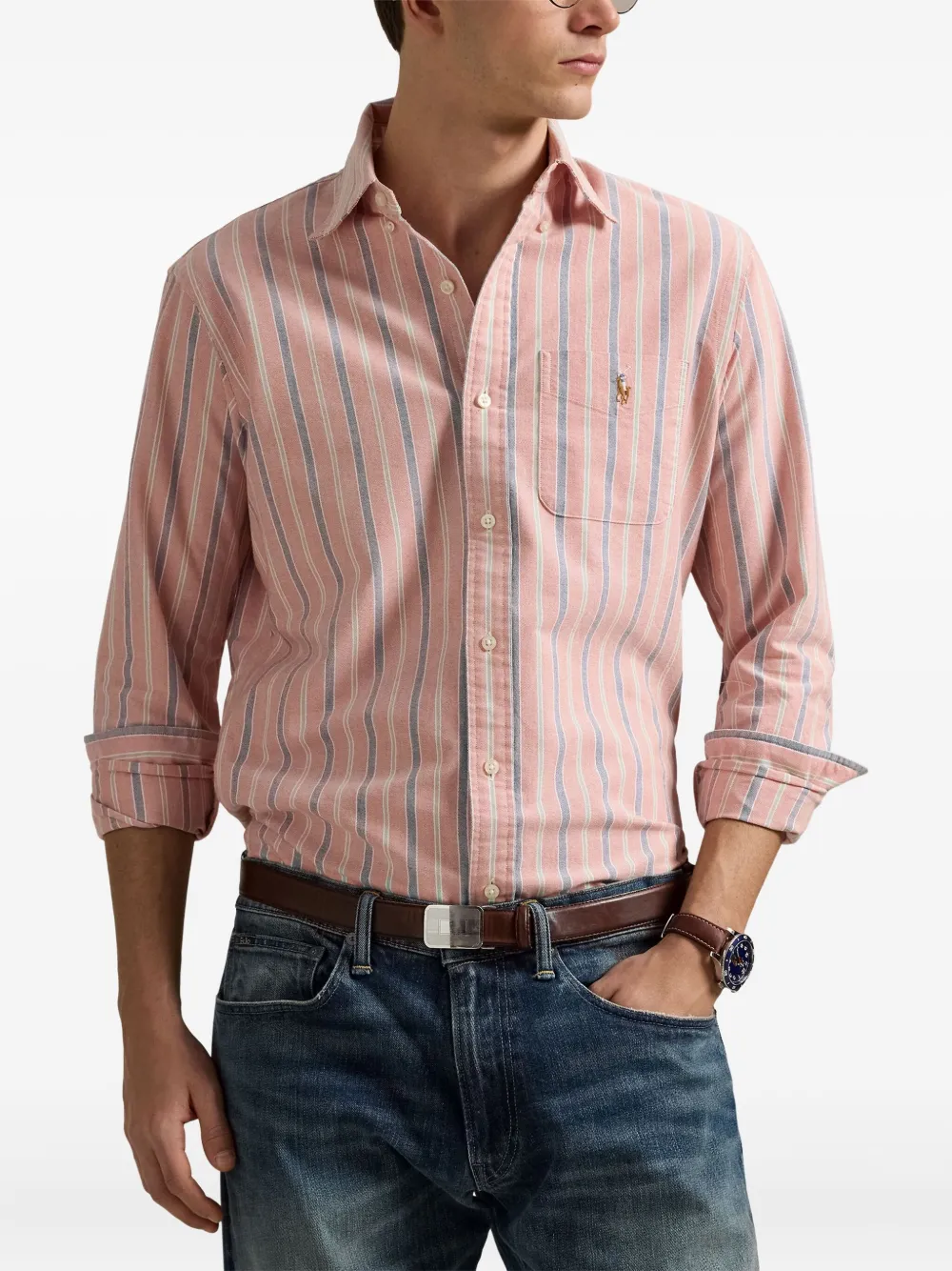 Polo Ralph Lauren Striped Embroidered-logo Shirt In Pink