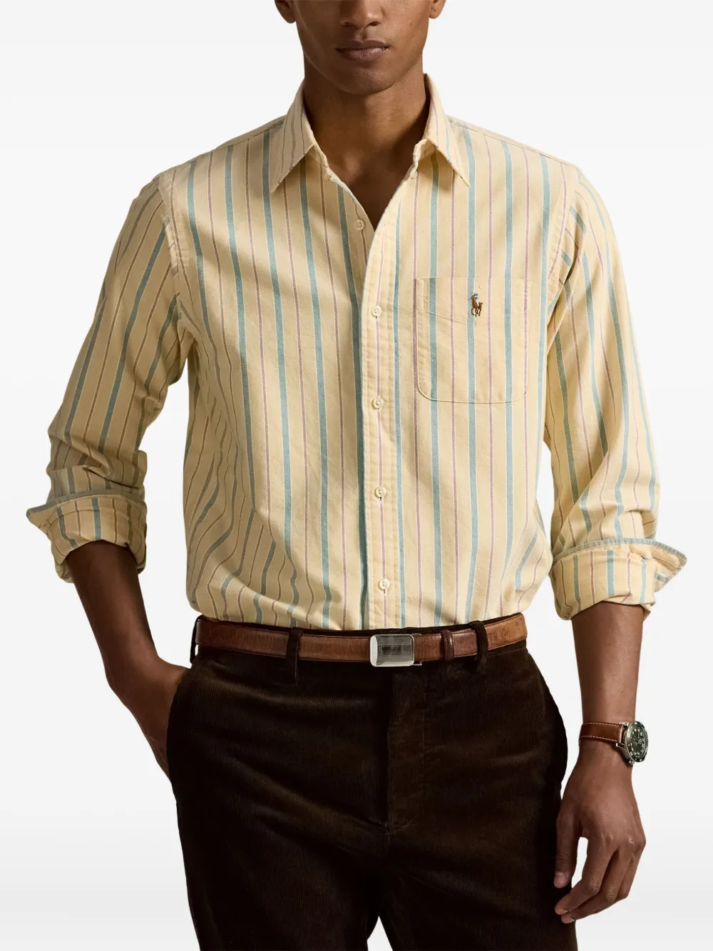 Polo Ralph Lauren Striped Embroidered-logo Shirt In Yellow