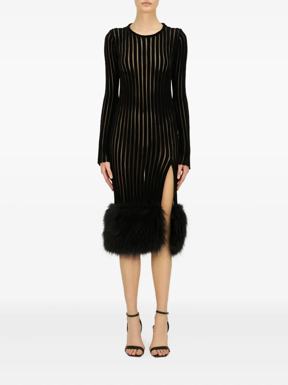 Blumarine Fur-trim Midi Dress In Black
