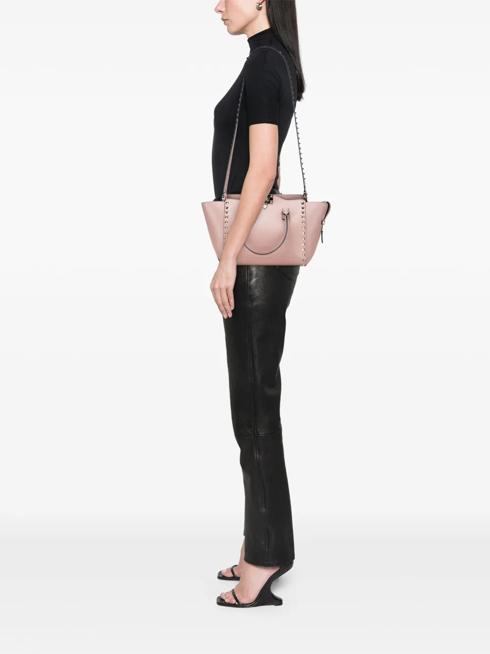 Pre-owned Valentino Garavani 2000-2017 Small Leather Rockstud Double Handle Tote Satchel In Pink
