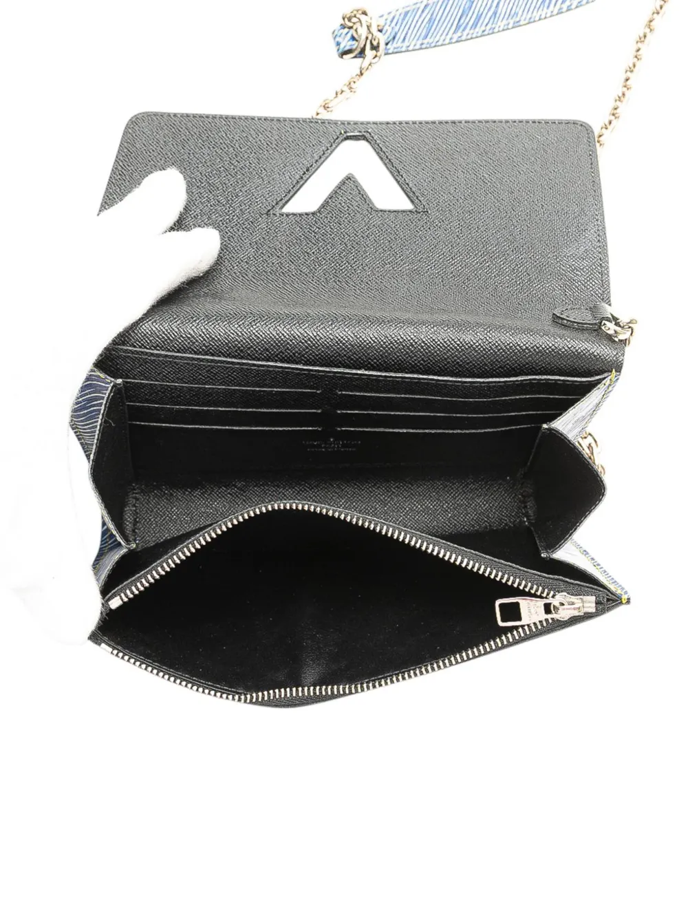 Pre-owned Louis Vuitton 2015 Epi Denim Twist Azteque Wallet On Chain Crossbody Bag In Blue