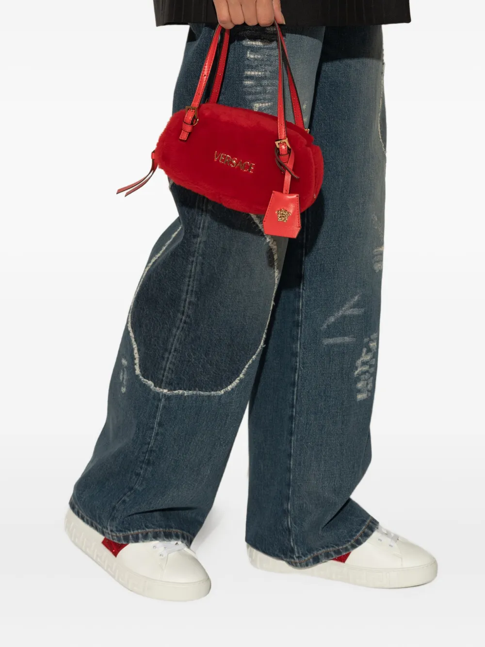 Versace Mini Tag Bowling Shoulder Bag In Red