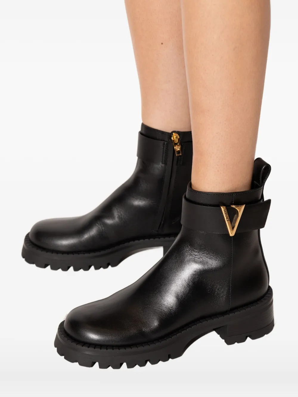 Versace V-ankle Buckle-detail Boots In Black