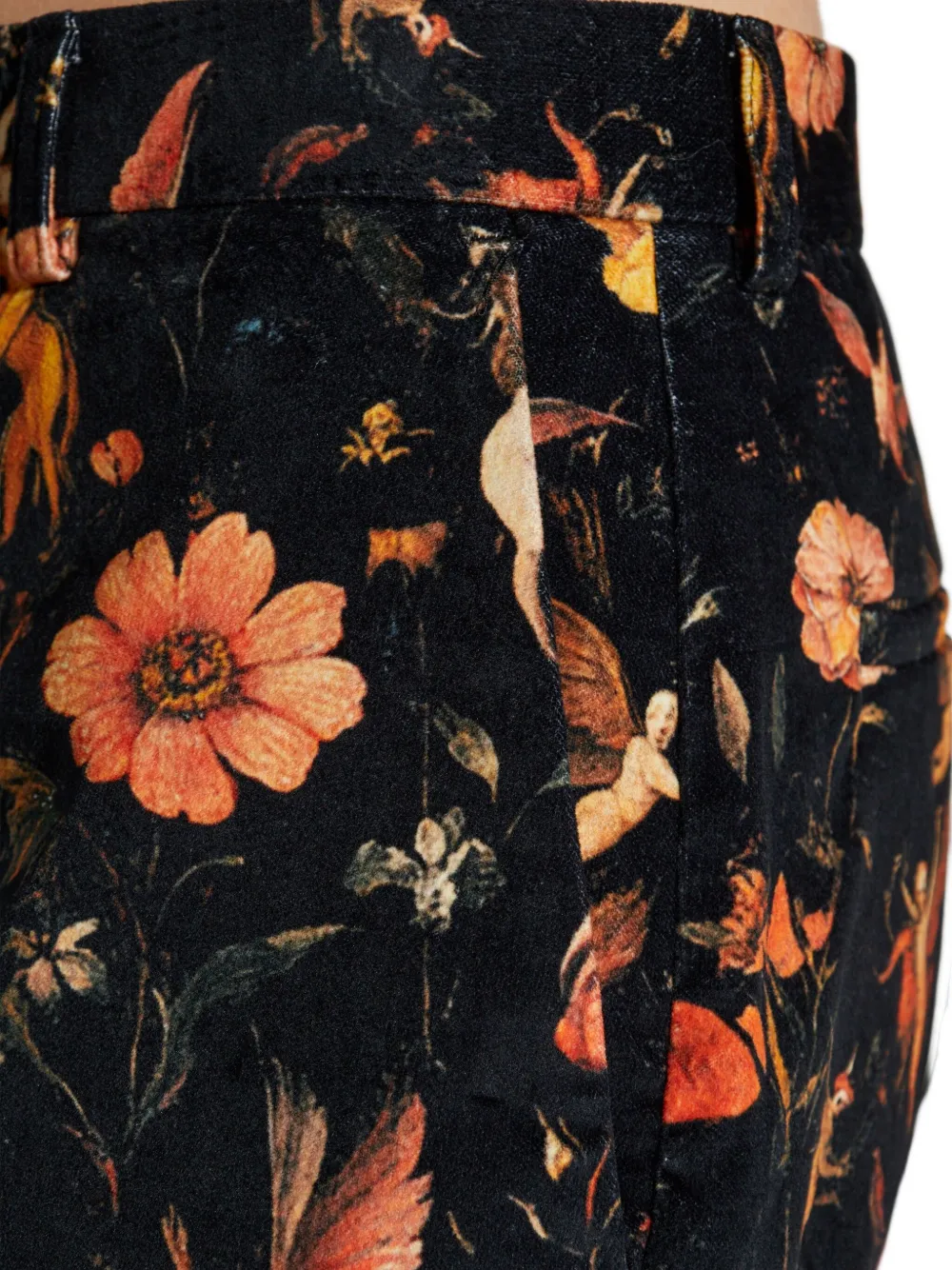 R13 Fluwelen broek met bloemen Zwart