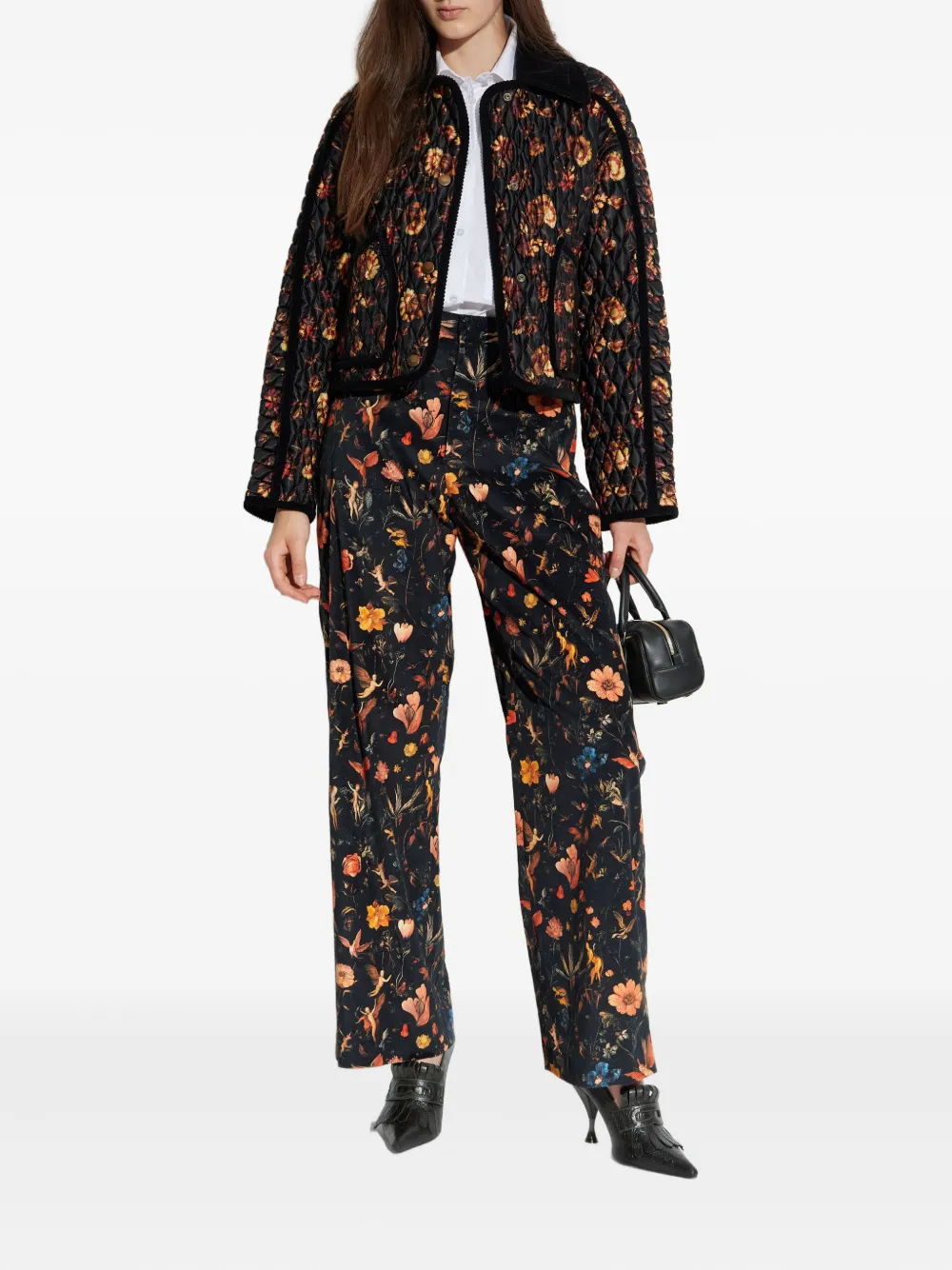 R13 Fluwelen broek met bloemen - Zwart