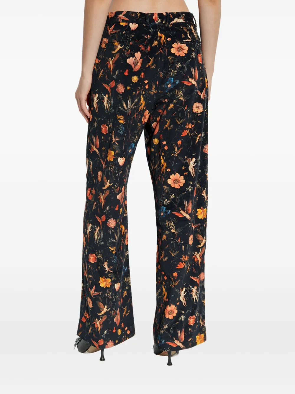 R13 Fluwelen broek met bloemen Zwart