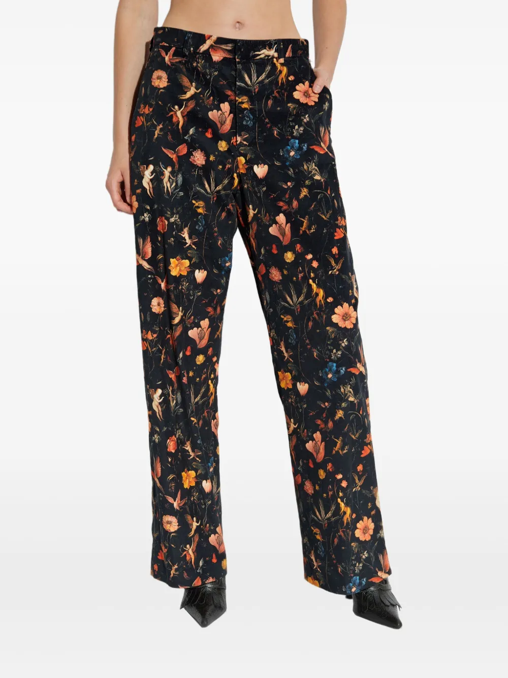 R13 Fluwelen broek met bloemen Zwart
