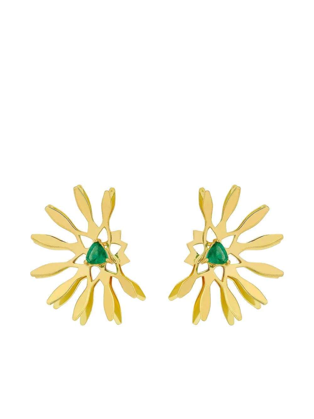 Carol Kauffmann Orecchini Half Moon Mandala in oro giallo 18 carati con smeraldi