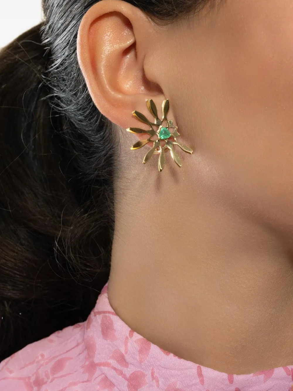 Carol Kauffmann 18k Yellow Gold Half Moon Mandala Emerald Earrings In Brown