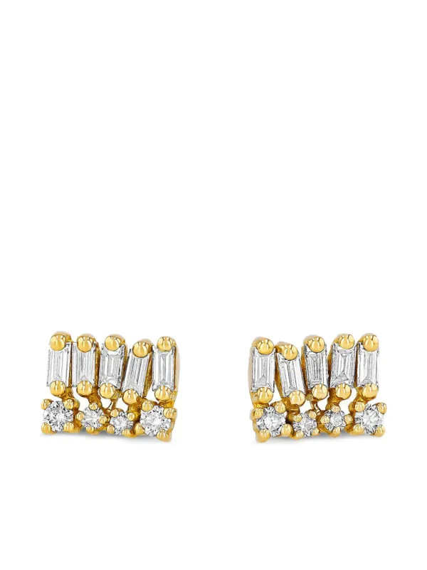 Suzanne Kalan 18K Yellow Gold Short Stacked Mixed Diamond Stud Earrings