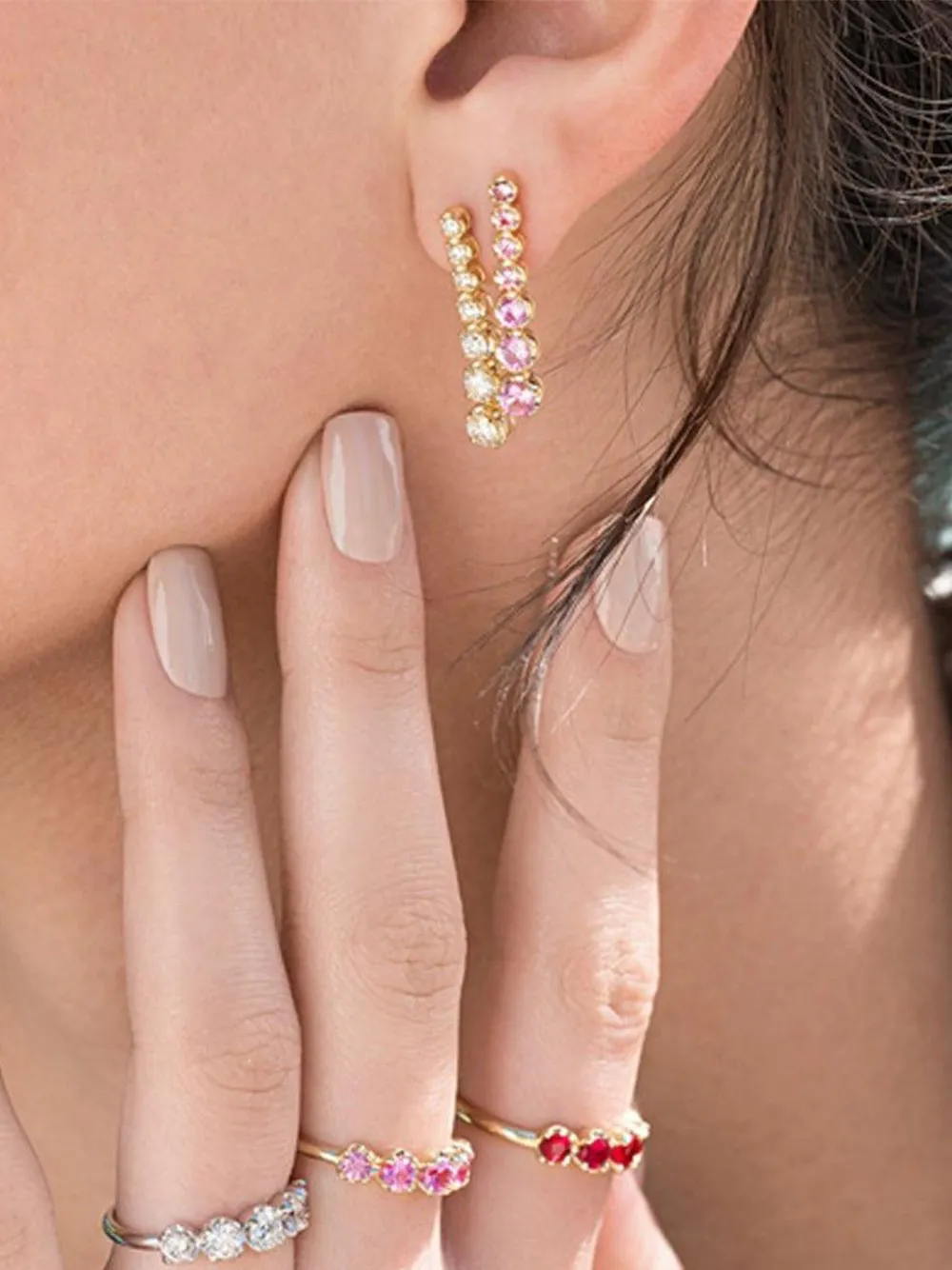 Jennifer Meyer 18K Yellow Gold Graduated Pink Sapphire Tennis Stud Earrings, view 2