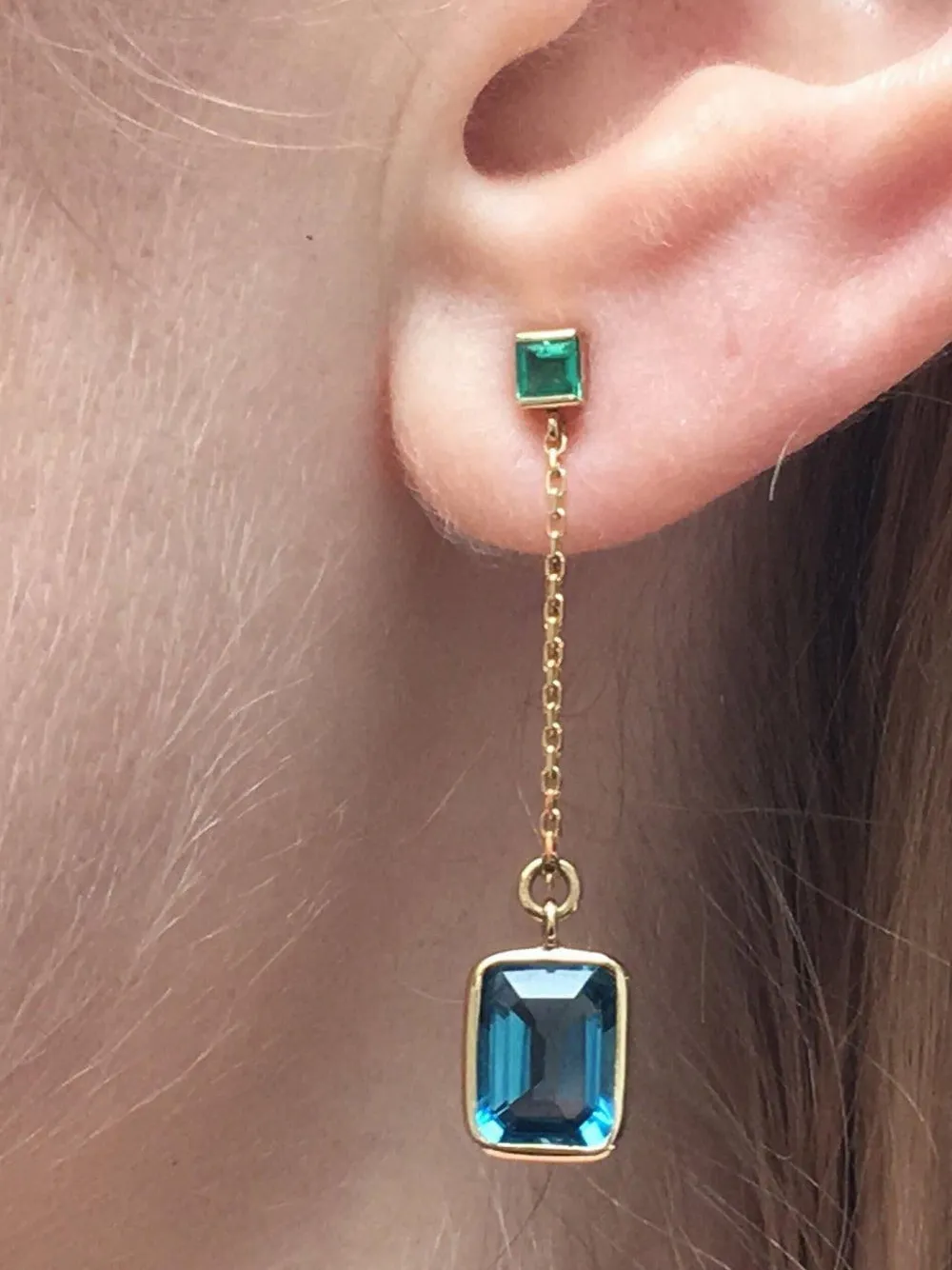 Yi Collection 18k Yellow Gold Chain Emerald And Topaz Earrings In Blue