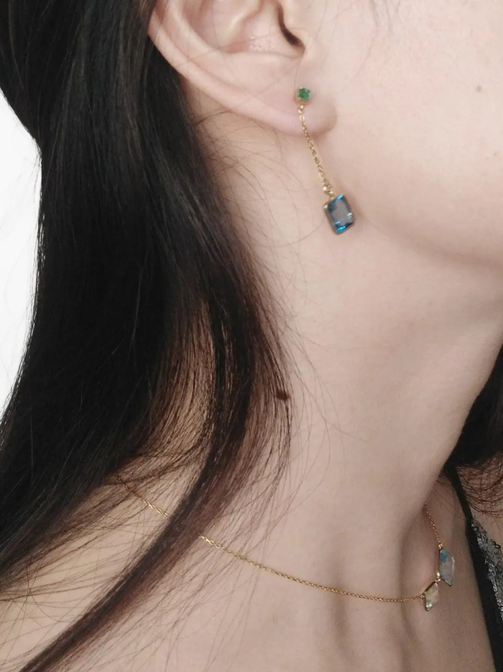 Yi Collection 18k Yellow Gold Chain Emerald And Topaz Earrings In Blue