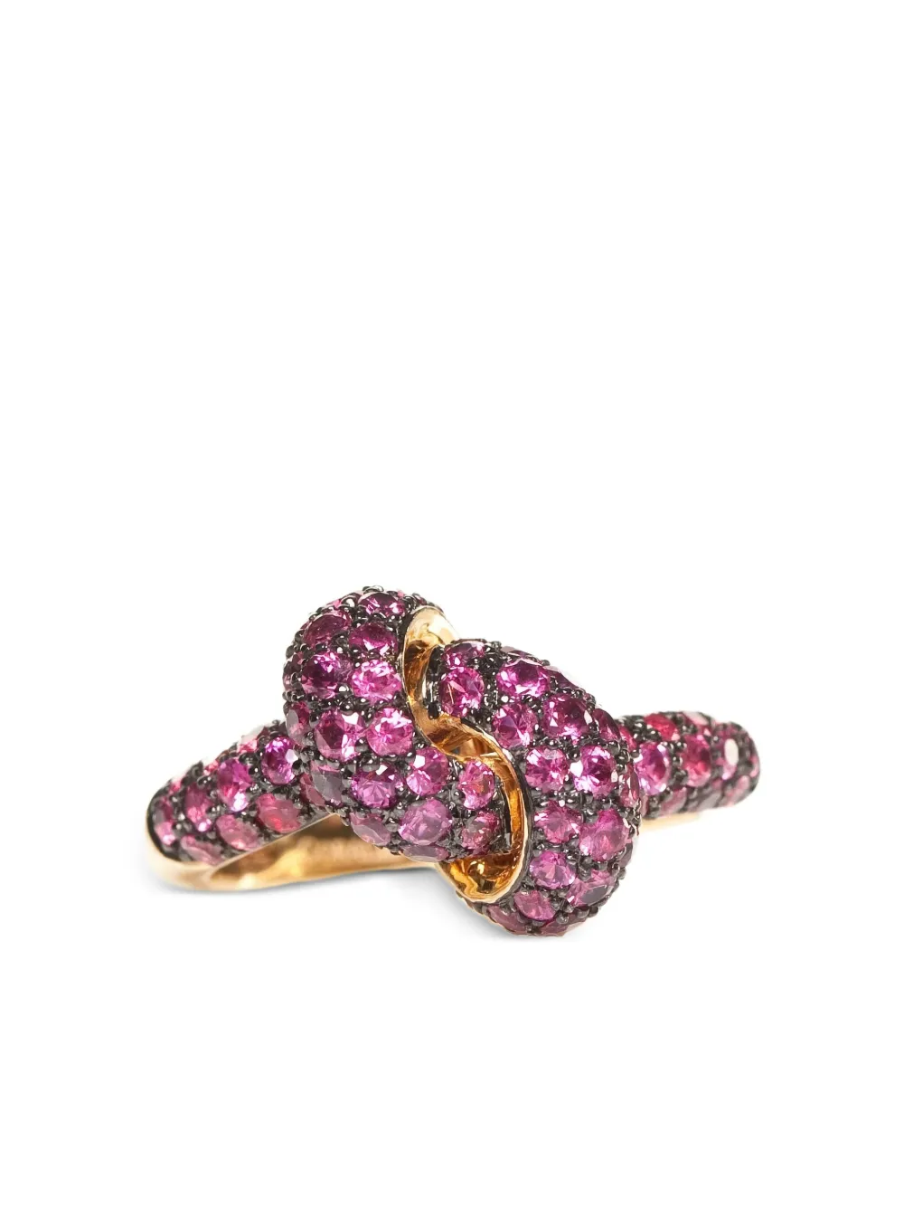 The Love Knot By Coralie 18kt Yellow Gold Love Knot Ruby Ring In Red