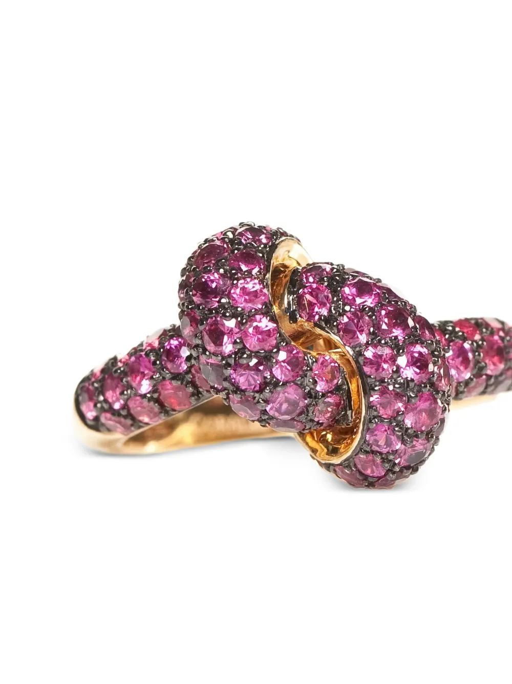 The Love Knot By Coralie 18kt Yellow Gold Love Knot Ruby Ring In Red