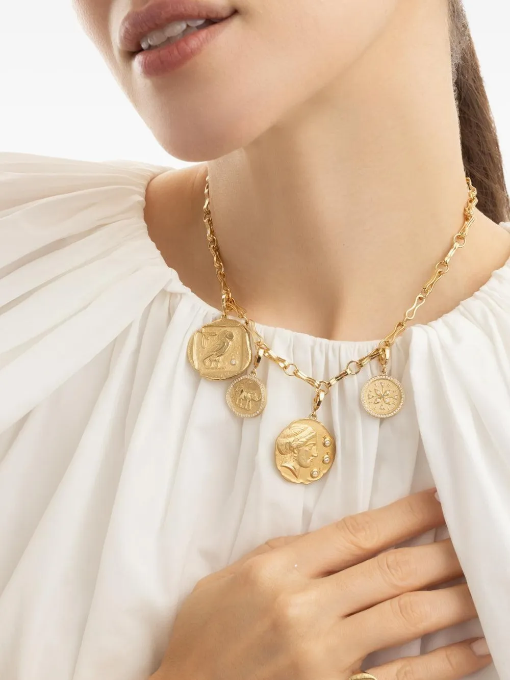 Azlee 18k Yellow Gold Goddess Of Mothers Diamons Coin Necklace In Brown
