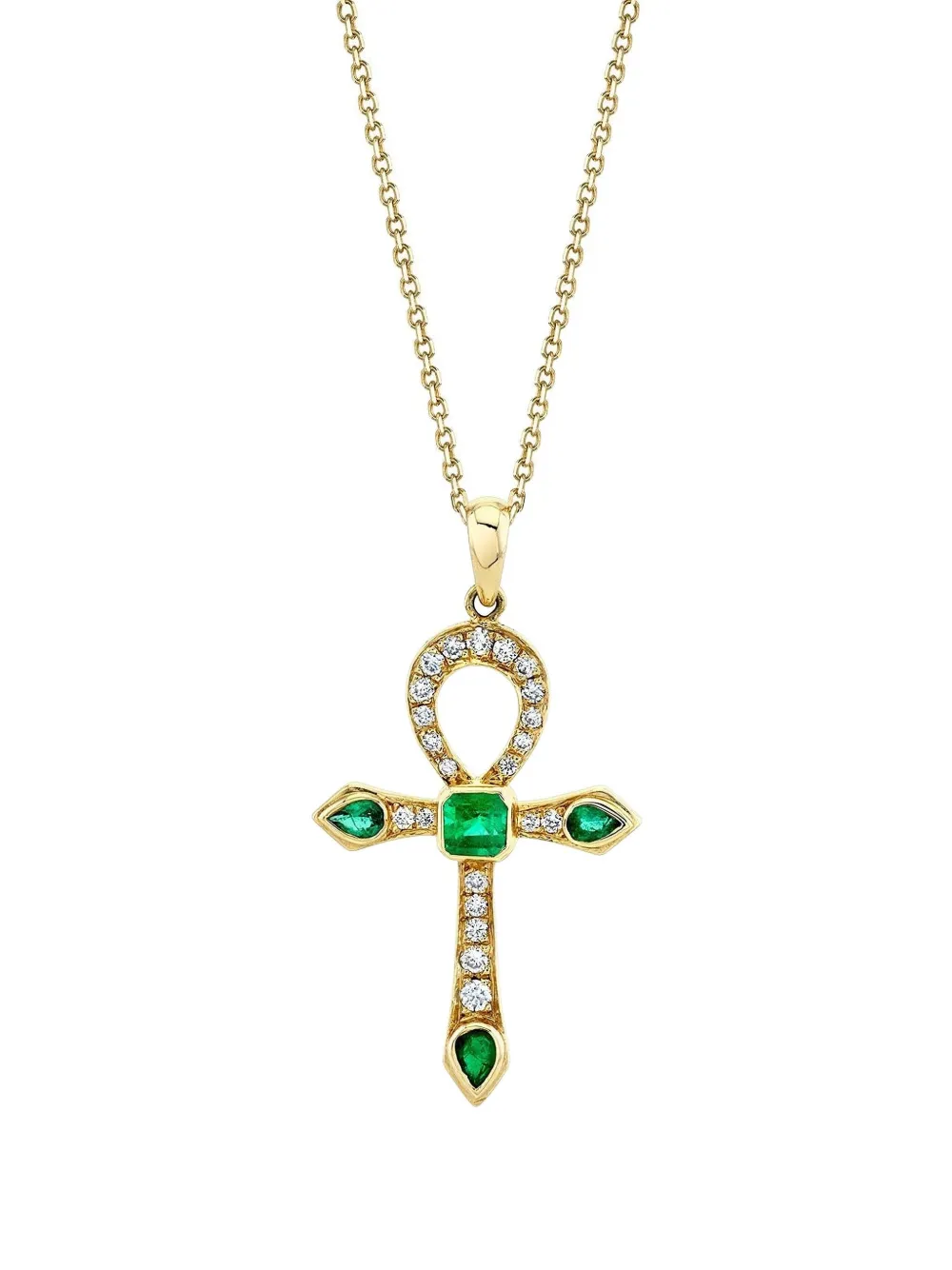 Logan Hollowell Collana Eternal Ankh in oro giallo 14 carati con diamanti e smeraldi