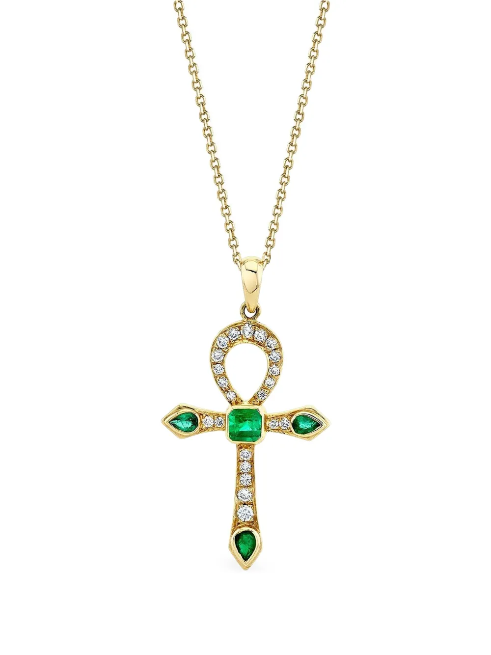 Logan Hollowell Collana Eternal Ankh in oro giallo 14 carati con diamanti e smeraldi