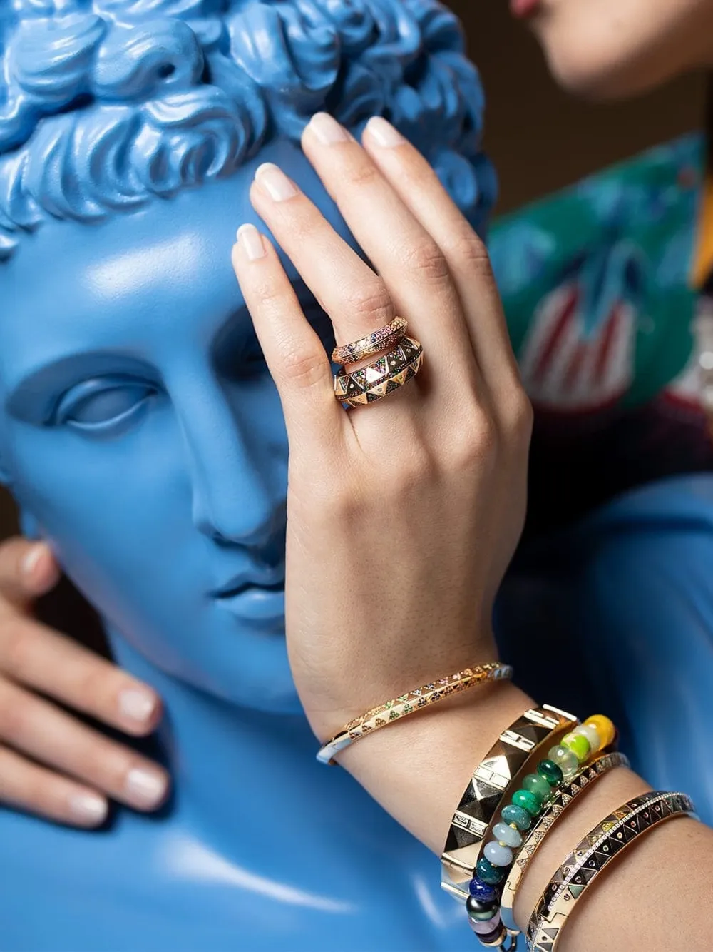 Harwell Godfrey 18K yellow gold Knife Edge Rainbow multi-stone bangle | Image 2