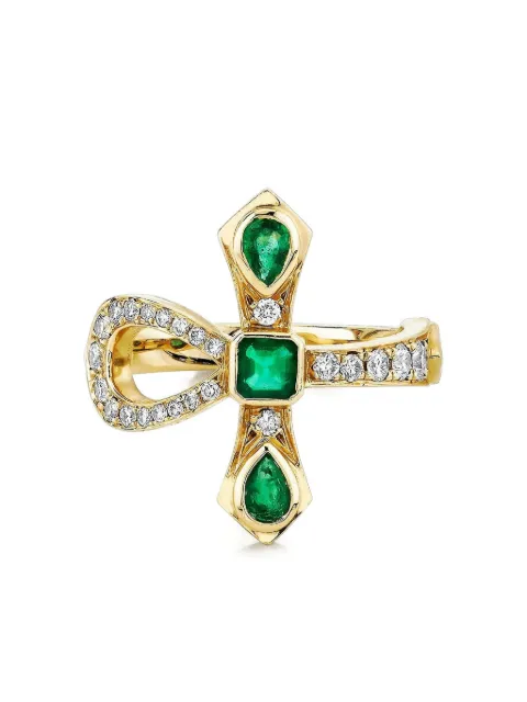 Logan Hollowell 14K yellow gold Eternal Ankh emeralds and diamonds ring