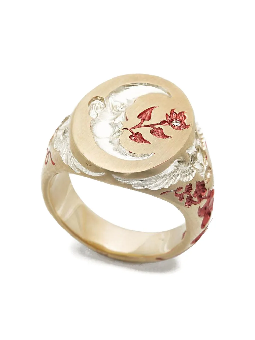 Castro Smith 9k Yellow Gold Moon Owl Ruby Signet Ring In Gold