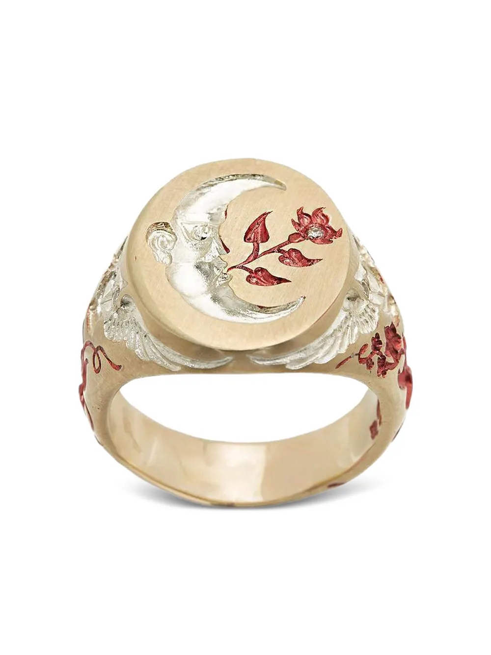 Castro Smith 9k Yellow Gold Moon Owl Ruby Signet Ring