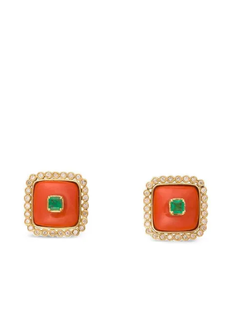 DENISE CASSOU 18K yellow gold diamond Coral Emerald earrings