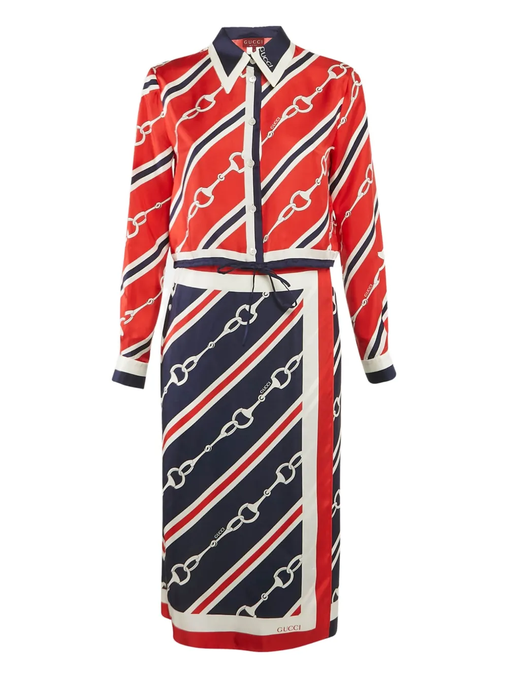 Pre-owned Gucci Horsebit-print Silk Skirt And Blouse Set In Red