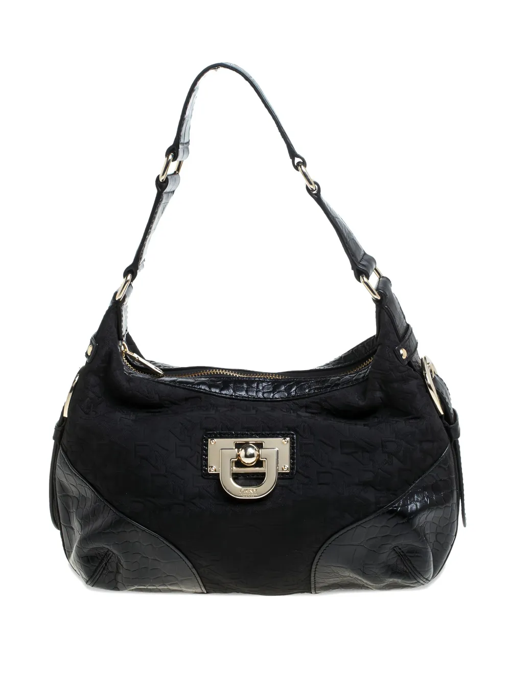 DKNY Vintage Borsa a spalla media in pelle e tela con monogramma - Black