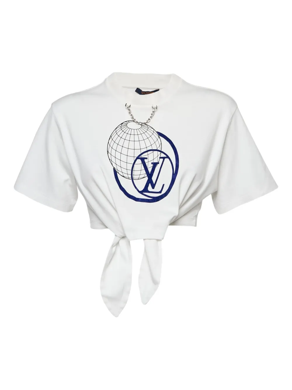 Pre-owned Louis Vuitton Globe-print Knot-detail T-shirt In White