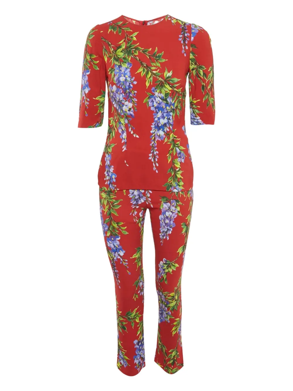 Pre-owned Dolce & Gabbana Floral-print Crepe Trousers And Top Set In Red
