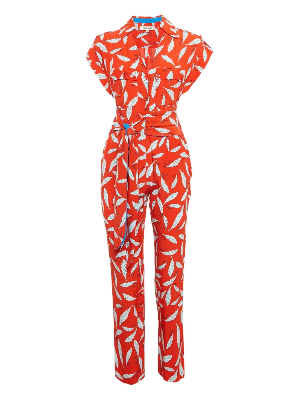 Pre-owned Dvf Vintage Leaf-print Tied-waist Jumpsuit In Red