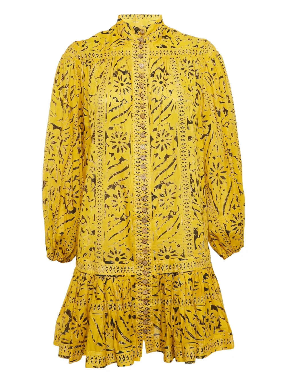 Pre-owned Zimmermann Floral-print Button-front Mini Dress In Yellow