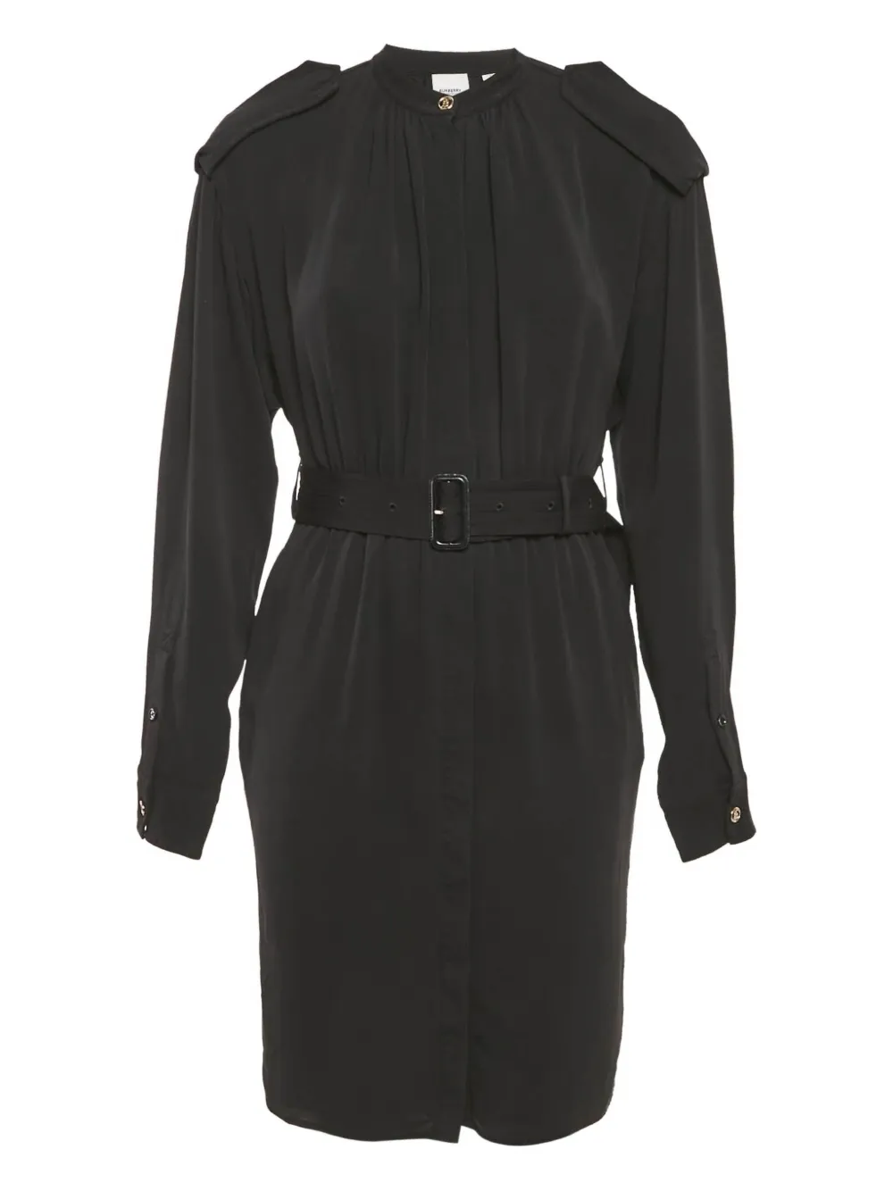 Pre-owned Burberry Belted Shoulder-padded Chiffon Midi Dress In Black