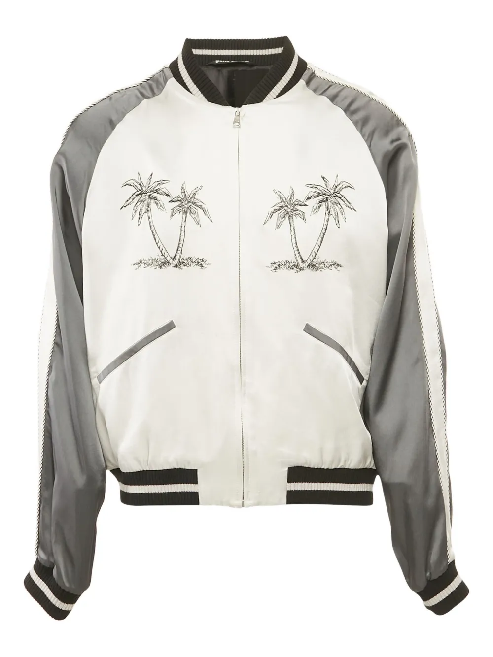 Palm Angels palm-tree embroidered satin bomber jacket | Grey | Image 1