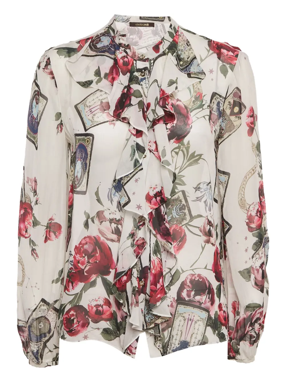 Pre-owned Roberto Cavalli Ruffle Floral-print Blouse In White