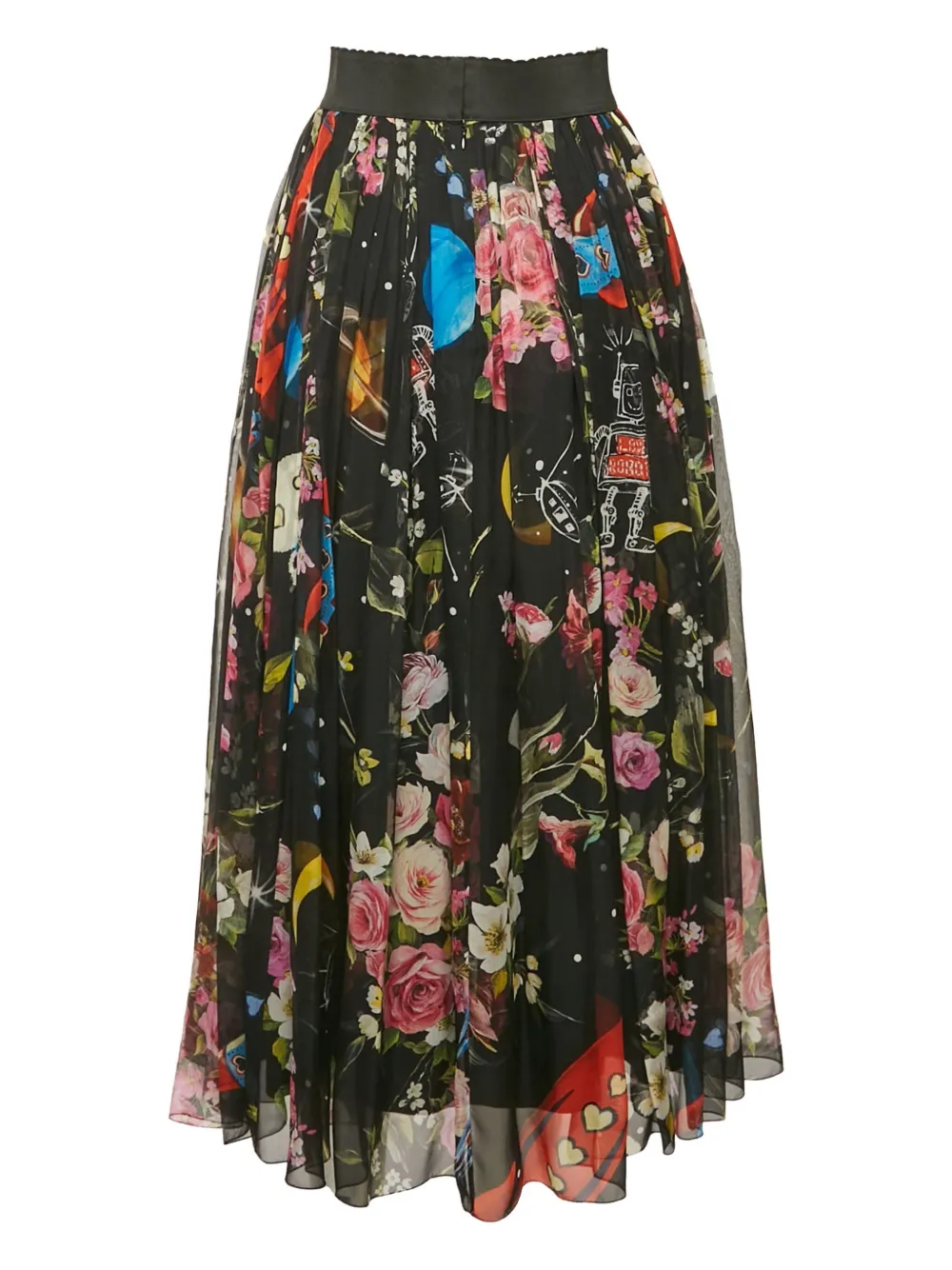 Pre-owned Dolce & Gabbana Floral-print Pleated Midi Skirt In Black