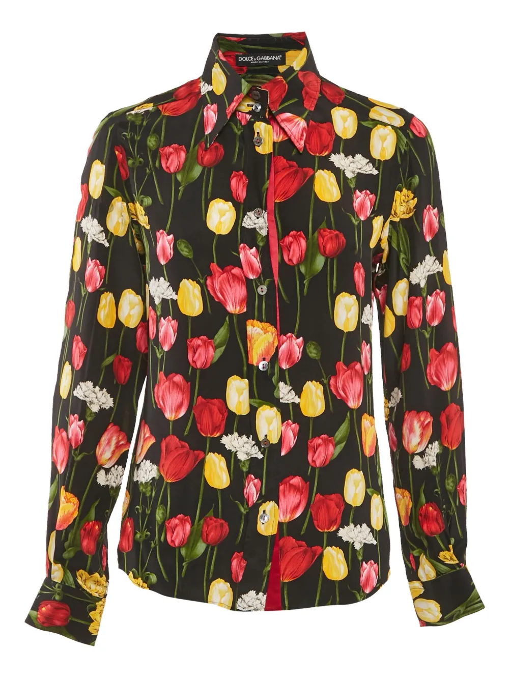 Pre-owned Dolce & Gabbana Tulip-print Silk Shirt In Black
