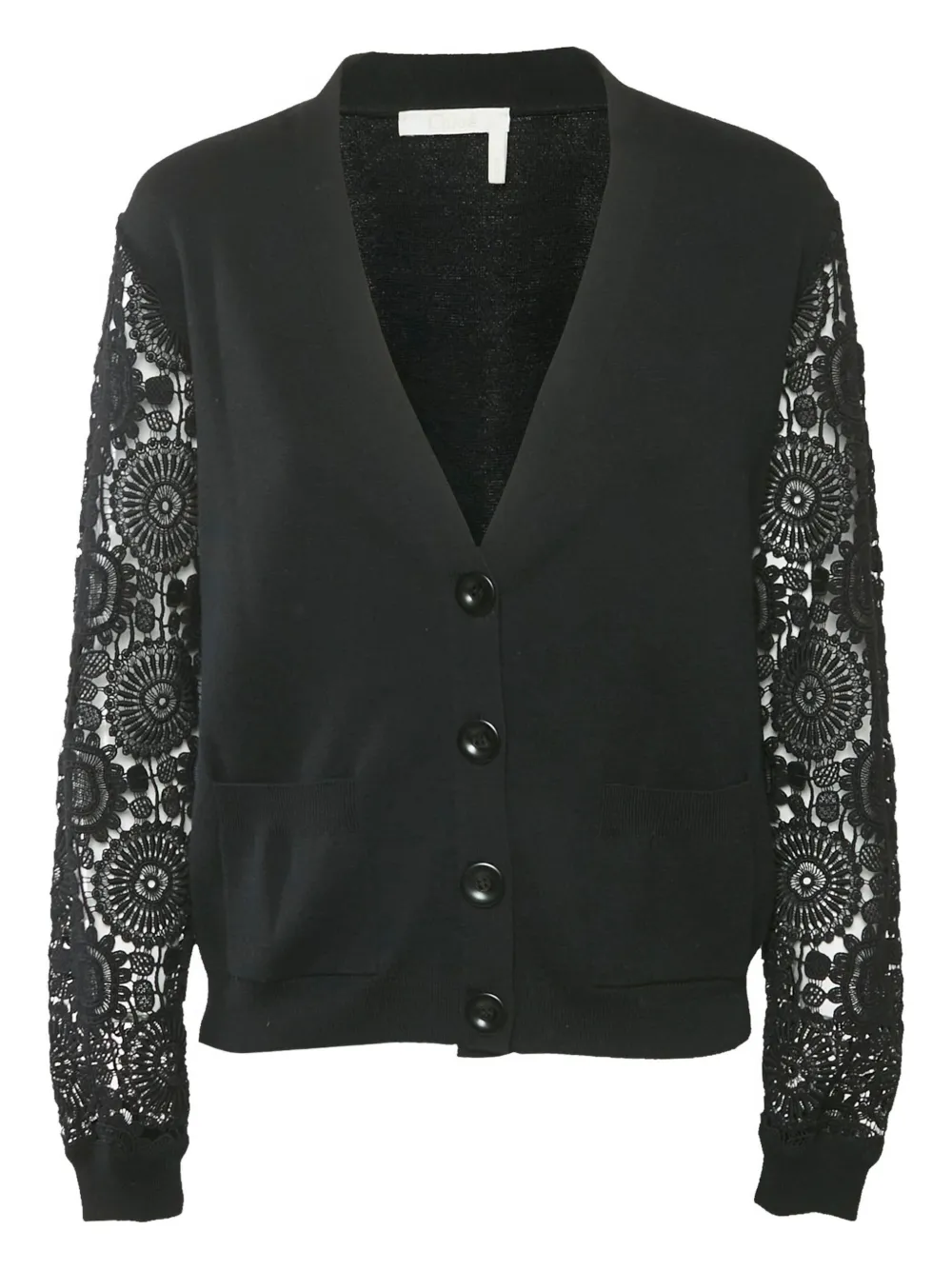 Pre-owned Chloé Lace-insert Wool Cardigan In Black