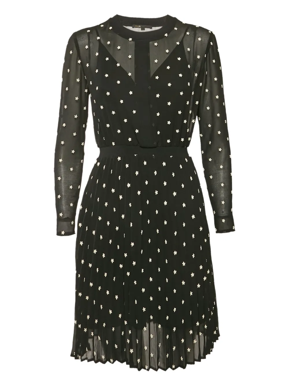 Pre-owned Maje Floral-embroidered Pleated Dress In Black