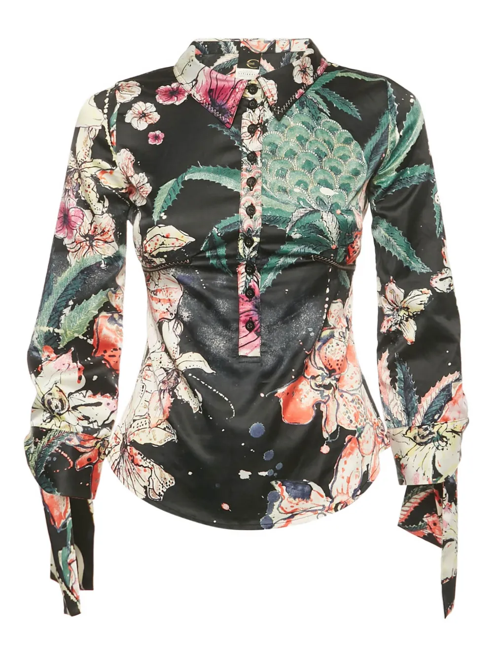 Pre-owned Just Cavalli Floral-print Satin Shirt In Black