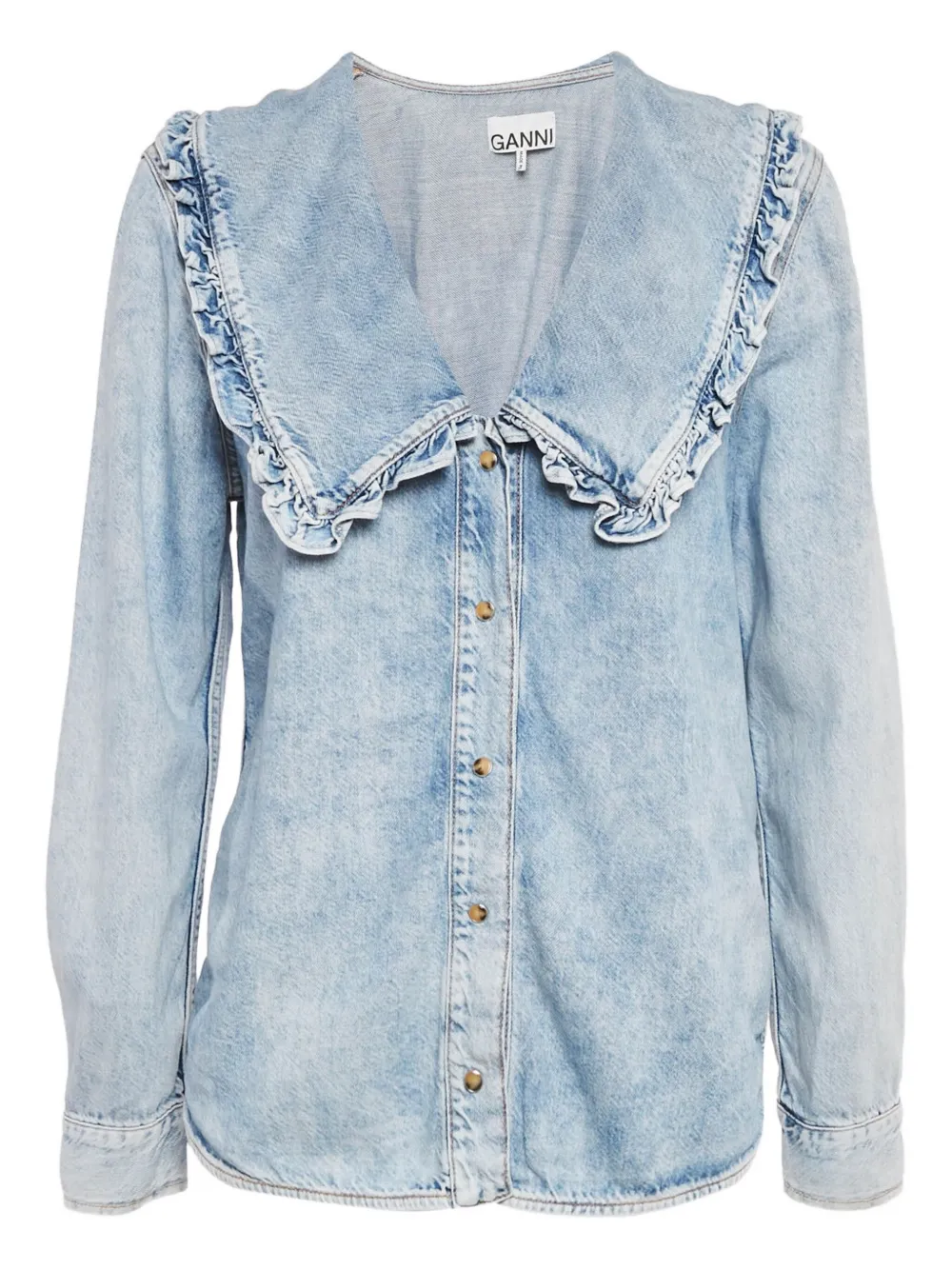 Pre-owned Ganni Ruffled-collar Denim Shirt In Blue