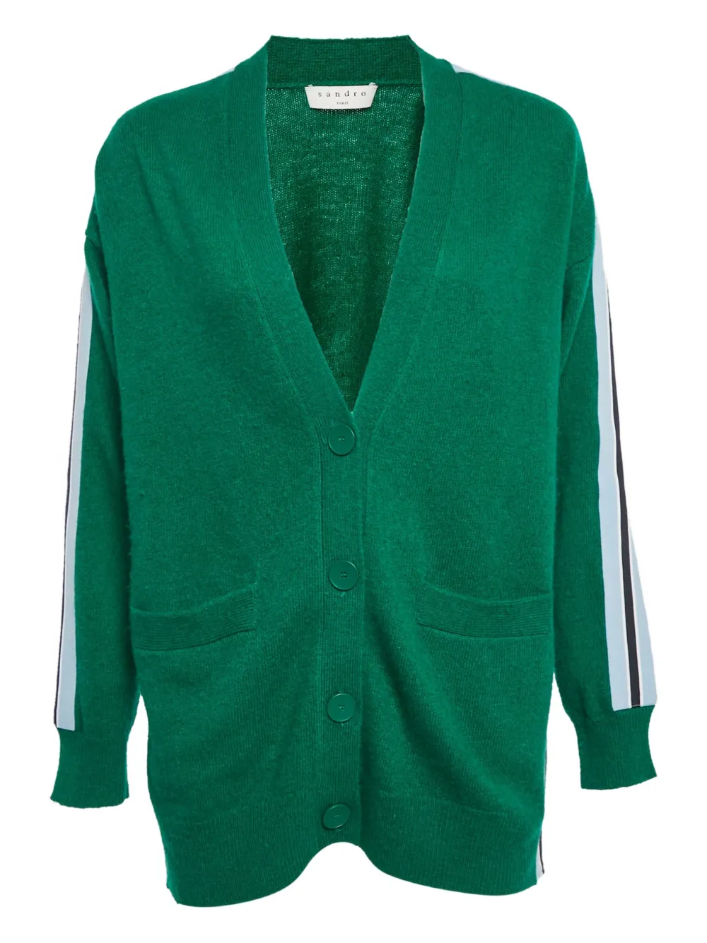 Pre-owned Sandro Stripe Detail Wool Cardigan In Green