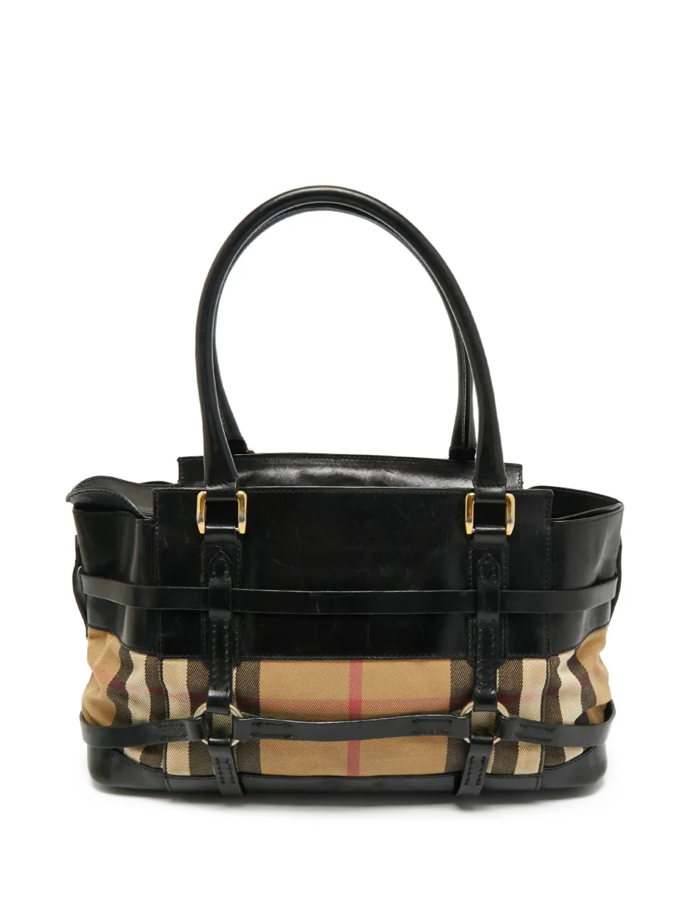 Pre-owned Burberry Houve Check-pattern Canvas Leather Tote Bag In Neutral