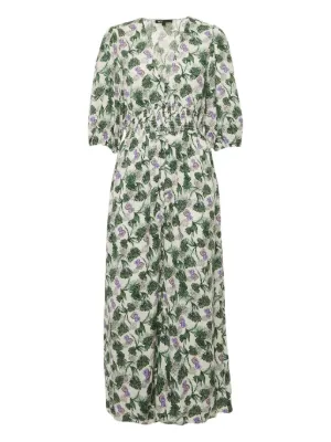 green emerald velvet dress MAJE White Short Sleeve V Neck Button Dress with Green Leaf and Purple   The Hangout